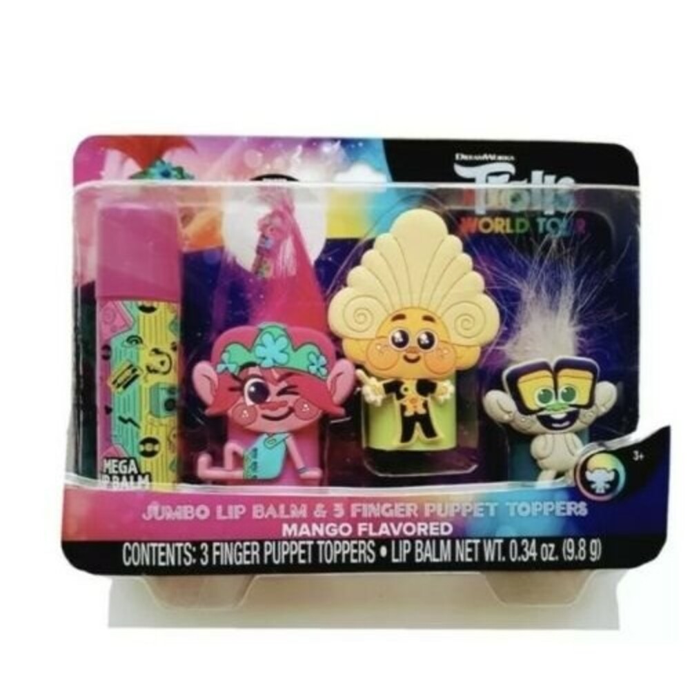 Dreamworks Trolls World Tour Jumbo Lip Balm 3 Finger Puppet Toppers Mango Flavor